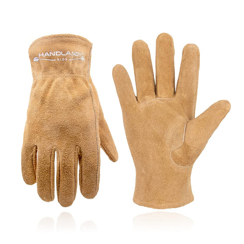 HANDLANDY Genuine Kids Leather Work Gloves for ages 3-11, Children Gardening Gloves for Boys, Girls (Medium (for age5-7), Khaki)...