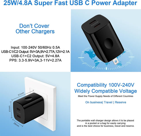 A15 A55 Samsung Charger Block 25W USB C Android Wall Charger Box 2 Port Super Fast Dual Charging Plug Power Adapter for Samsung Galaxy S24 Ultra S...