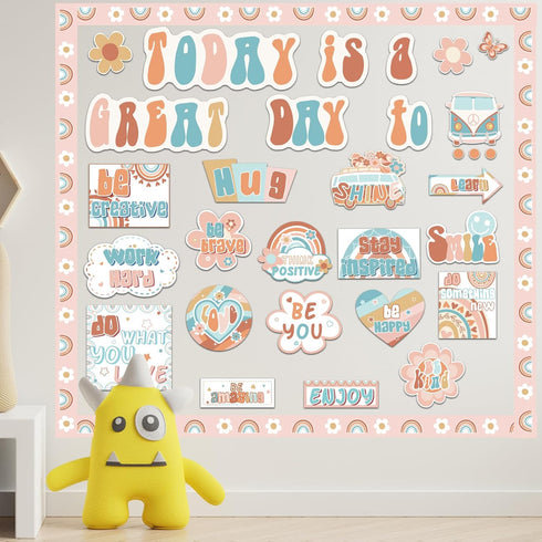 28PCS Hippie Today is A Great Day to Mindset Bulletin Board Set for Classroom Groovy Encouraging Paper Bulletin Board Decoration Set Hippie Cutout...