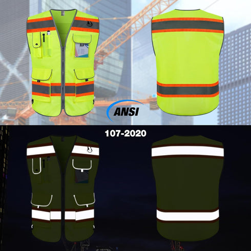 TCCFCCT Reflective Safety Vest for Men Women 9 Pockets High Visibility Vest with Fluorescent Orange Extend Edge, Hi Vis Security Work Vest for Sur...