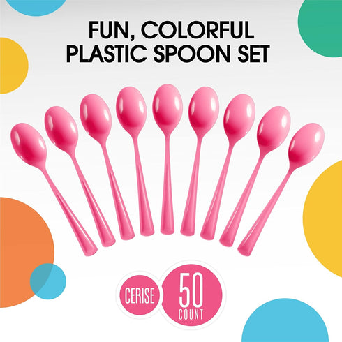 Disposable Cerise Plastic Spoons 50 Pcs - Heavy Duty Cerise Plastic Disposable Cutlery - Cerise Disposable Flatware, Cerise Plastic Silverware, Pl...
