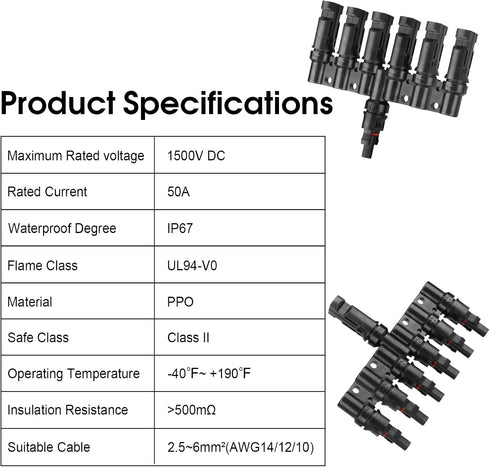 6 to 1 T Branch Connector Solar Panel Connectors Cable Splitter Coupler 1 Male to 6 Female and 1 Female to 6 Male, Solar cable connectors for resi...