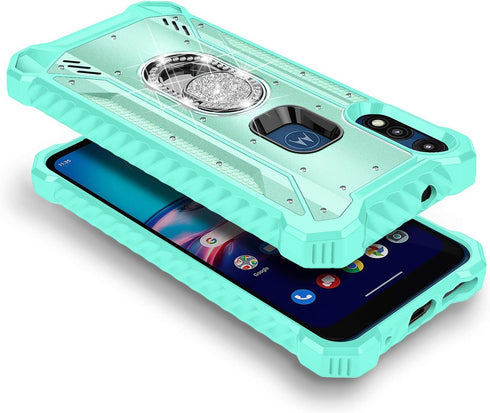 Moto E 2020 Case with Screen Protector (Tempered Glass Full Coverage), Aluminum Magnetic Metal Built-in Diamond Ring Holder Stand, Full-Body Prote...