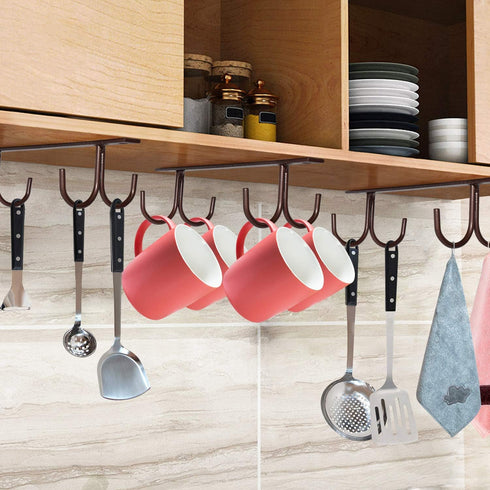 Mocoum Under Cabinet Mug Rack, Rustic Mug Organizer Rack Cup Holder Under Shelf 12 Hanging Hooks Rack for Mugs, Coffee Cups and Kitchen Utensils D...