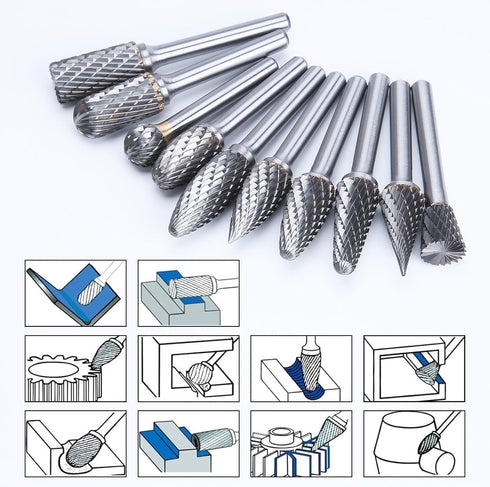 HUHAO Carbide Burr Set Double Cut 10PCS Rotary Burr Bits with 3mm(1/8") Shank 6mm(1/4") Bit Die Grinder Rotary Tool Rasp Bits Wood Carving Accesso...