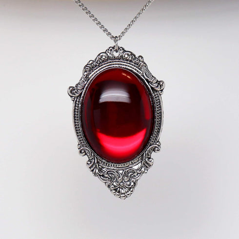 Blood Red Cabochon in Silver Finish Pewter Frame Pendant Necklace...