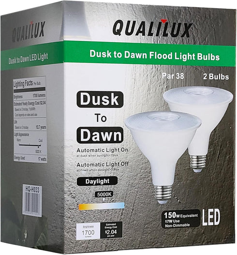 Dusk to Dawn PAR38 LED Light Bulbs, Daylight 5000K, 150W Equivalent, 1700LM, Auto On/Off Light Sensor Bulb, E26, 17W 2 Pack, HQ-H033...
