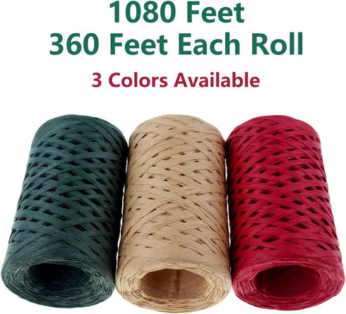 CREATRILL Raffia Ribbon Red Green Natural 3 Rolls 1080 Feet, 360 Feet Each Roll, Paper Twine Wrapping Ribbon for Christmas...