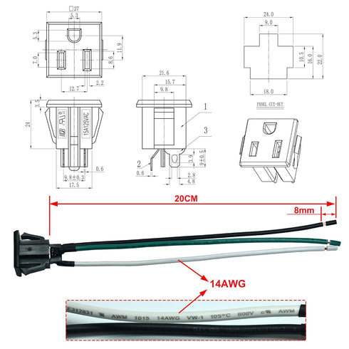 2PCS 15A 125V AC Panel Mount Outlet Industrial Plug Female Connectors Adapter With 14AWG Connection line,3 Pins US Power Socket Plug Panel...
