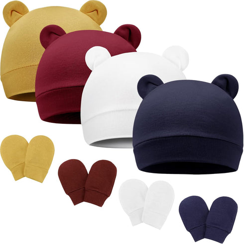 Newborn Baby Bear Ear Hat and Mitten Sets No Scratch Infant Cotton Beanie Gloves Newborn Hospital Hat for Boy Girl...