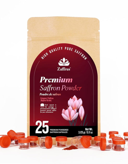 Zaffrus - Premium Saffron Powder for Cooking, Athletes, Specialty Drinks Fans - Pack of 25 (3.125 gr/ .1102 oz)...