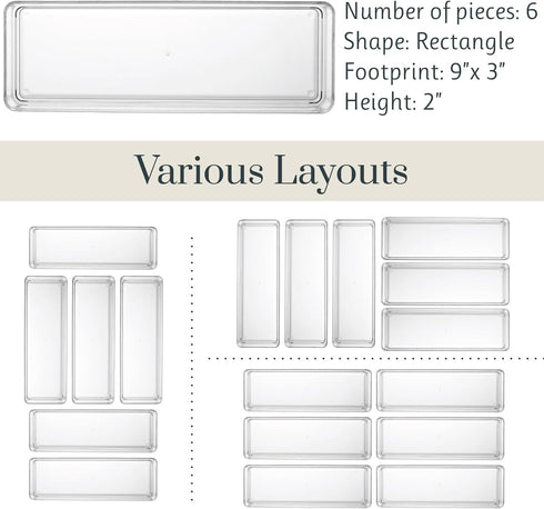 STORi SimpleSort 6-Piece Stackable Clear Drawer Organizer Set | 9" x 3" x 2" Rectangle Trays | Narrow Makeup Vanity Storage Bins and Office Desk D...