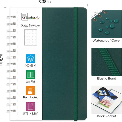 Spiral Dot Grid Notebook, Bullet Dotted Journal Notebook with 100gsm Thick Dotted Paper, Medium 5.75'' × 8.38'', Double-Wire, Hardcover, Inner Poc...