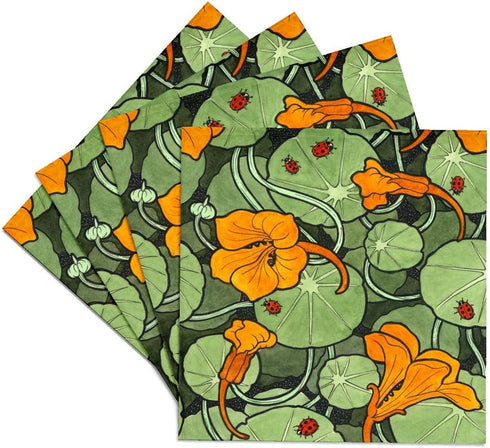 3dRose Art Nouveau Orange Nasturtium Flowers with Ladybirds - Ceramic Tile Coasters, Set of 4 (CST_216475_3)...