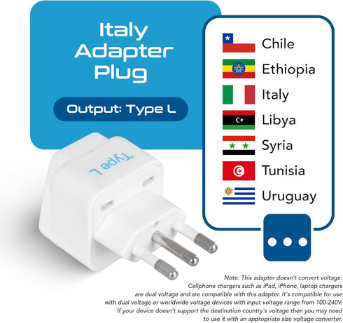 Ceptics Italy Power Adapter, Type L plug adapter, Universal Travel Adapter Chile, Italy travel adapter plug perfect for Rome, Lybia, Tunisia, Urug...