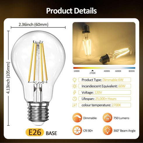 Dimmable A19 Clear LED Light Bulbs 60W Equivalent, 2700K Soft Warm White Light Bulbs 6W E26 Base, Antique Clear Glass Bulb for Living Room Bedroom...