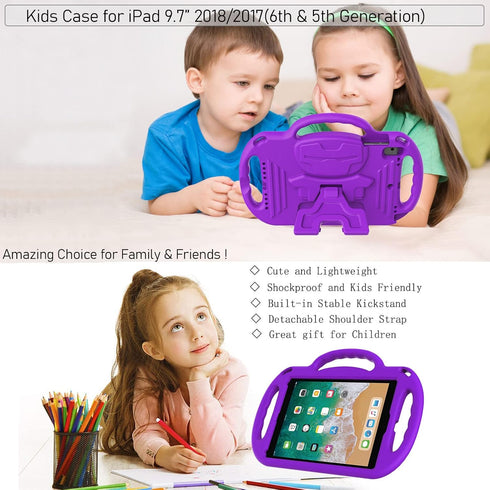 LTROP Kids Case for iPad 5th/6th Generation (2017/2018) & Air 2, Shoulder Strap Handle Stand Shockproof Bumper Cute Kid Case for iPad 9.7 Inch, Pu...