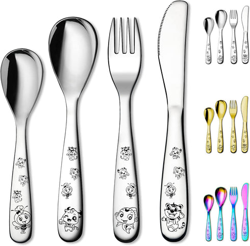 Berglander Toddler Utensils 4 Pieces Stainless Steel Kids Silverware Set, Children Safe Forks and Spoons Flatware, Mirror Polished Smooth Round Ed...