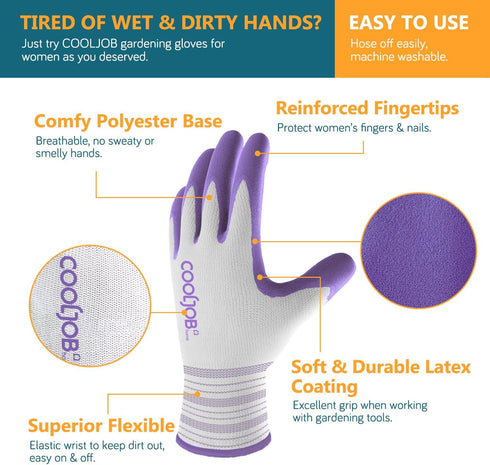 COOLJOB Gardening Gloves Best Gift for Women Ladies, 6 Pairs Breathable Rubber Coated Yard Garden Gloves, Outdoor Protective Work Gloves with Grip...