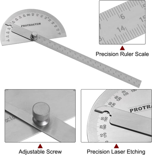 Stainless Steel Angle Protractor 0-180 Degrees Round Head Finder Measuring Ruler General Tool with 20cm/7.87" Arm for Woodworking...