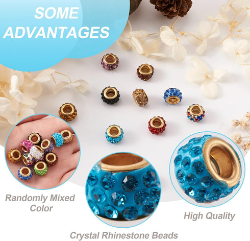 Cheriswelry 100pcs Crystal Rhinestone Pave European Beads Mixed Large Hole Rondelle Slide Charm Bracelet Snake Chain Beads with Golden Metal Core ...