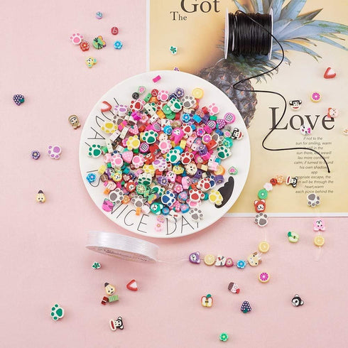 Pandahall 300pcs Fruit Animal Flower Theme Handmade Polymer Clay Beads Set with Bracelet Making Cords & Elastic Beading Wire for Jewelry Necklace ...