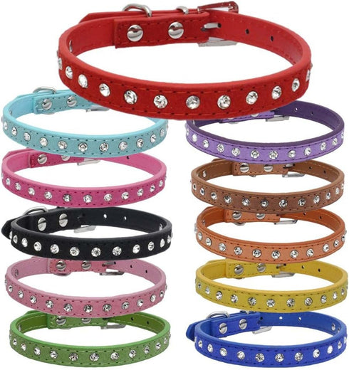 Soft Seude Leather Full Rhinestone Dog Collar Sparkly Crystal Diamonds Studded Puppy Pet Collar for Small Medium Breeds Pink,XXS...