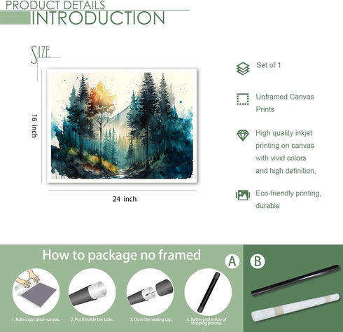 Watercolor Forest Poster,Green Trees Wall Art,Nature Serenity Watercolor Landscape Mountain Canvas wall art,Modern Botanical wall art.16x24 inch U...