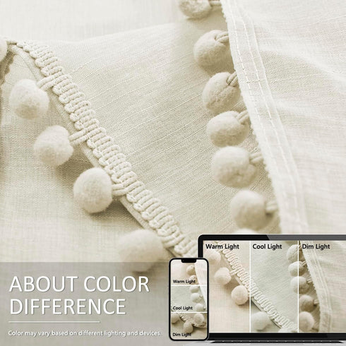 Treatmentex Pom Pom Linen Sheer Curtains for Living Room 63 inches Length Slub Textured Natural Farmhouse Window Sheers Drapes 52" w x 2 Pack, Rod...