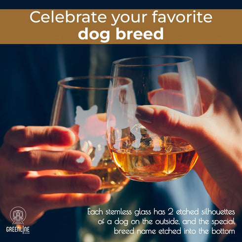 Greenline Goods French Bulldog Stemless Wine Glasses (One Glass) - Frenchie Dog Lovers Gifts for Him and Her - Hand Etched 2-Sided Silhouette with...