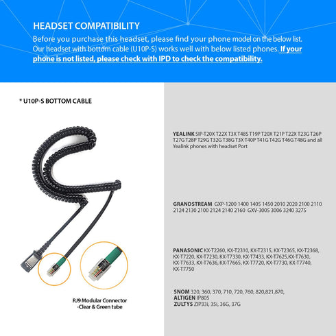 IPD U10P-S Bottom Headphone Adapter Phone Cord Cable Compatible with Yealink, Snom,Grandstream & LG IP Phones U10P-S Bottom with RJ9 Cord Jack...