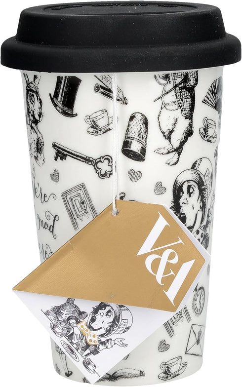 CreativeTops Victoria and Albert 'Alice in Wonderland' Ceramic Travel Mug – Black and White...