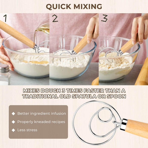 Danish Dough Whisk Bread Mixer?2 Pack Premium Stainless Steel Dutch Whisk With a Dough Scraper for Bread, Pastry or Pizza Dough - Perfect Baking...