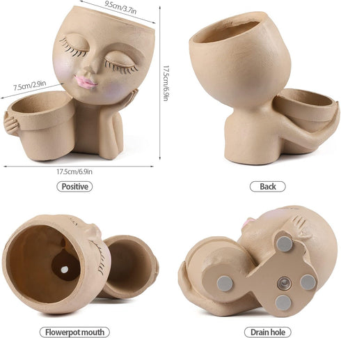 Face Planter Pot - Double Flower Pots in One for Indoor Outdoor Plants Resin Head Planter with Drainage Hole Cute Lady Face Plant Pots...