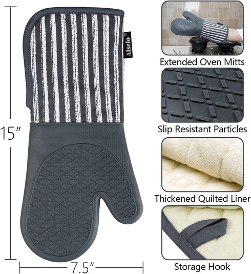 Silicone Oven Mitts Heat Resistant 932? with Waterproof & Non-Slip Kitchen Mittens, Set of 2 Extra Long Oven Gloves with Soft Cotton Terry Lining ...