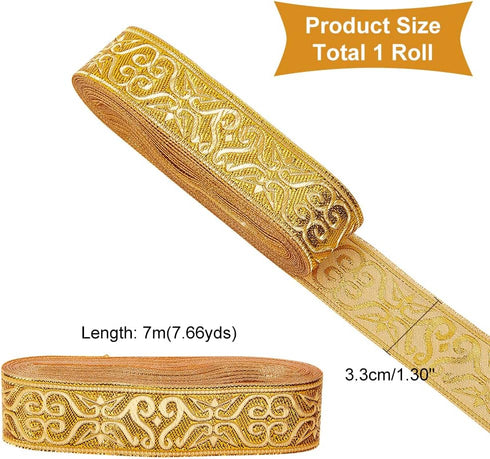 NBEADS 7.7 Yards Gold Jacquard Ribbon Trim, 1-1/4 Inch Wide Boho Woven Trim Ethnic Floral Ribbon Embroidery Polyester Flat Ribbon for DIY Craft Cl...