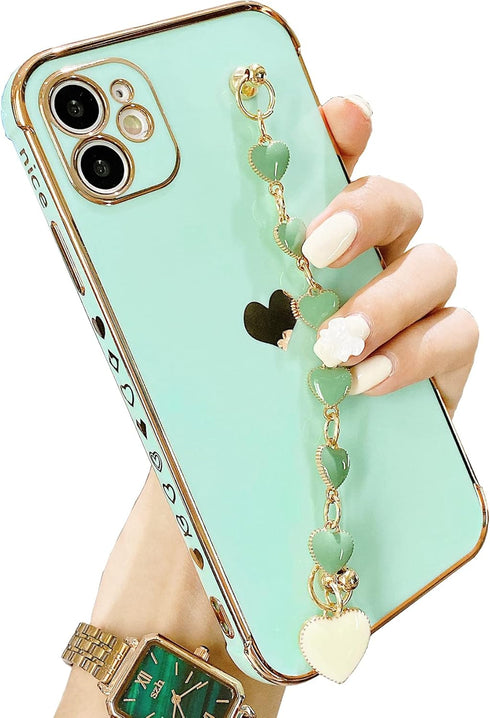 BANAILOA Compatible with Phone 13 Case Hearts,Luxury Cute Case with Chain Strap for Women Girls Camera Drop Protective Phone Cover - 6.1 inch (Gre...