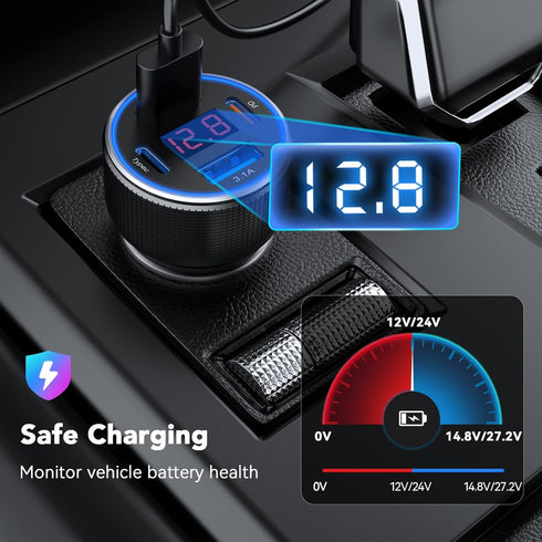 USB C Car Charger Adapter, 78W 4 Port Metal Car USB Charger with Voltmeter Dual USB C Car Phone Charger Fast Charging Type C Cigarette Lighter Ada...