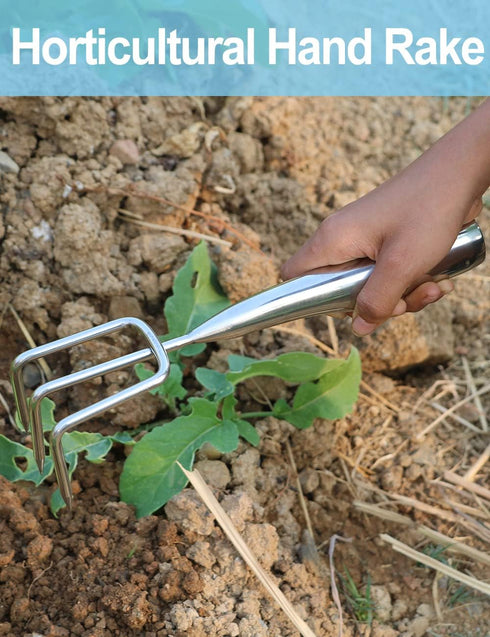 3 Tines Garden Hand Rake 10" Cultivator Claw Small Japanese Gardening Weed Tool Mini Handle Heavy Duty Stainless Steel Ninja Claw for Weeding, Tur...