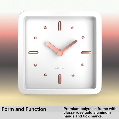 Driini Modern Mid Century Desk & Shelf Clock (White Rose Gold) - Battery Operated with Silent, Analog Movement – Small Tabletop Clocks for Office ...