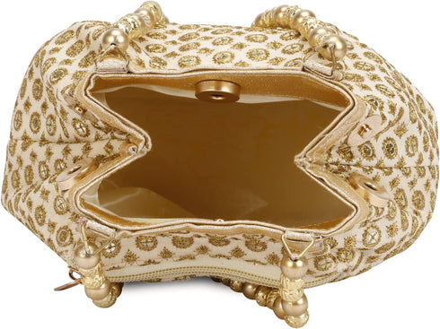 Indian Ethnic Designer Embroidered Silk Potli Bag Batwa Pearls Handle Purse (Golden-3)...