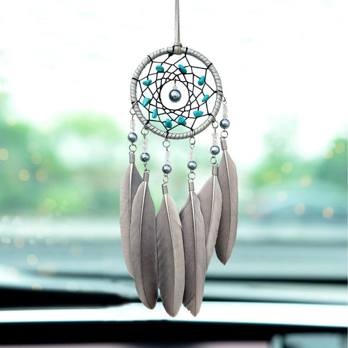 Small Dream Catchers for Cars Rear View Mirror, Handmade Car Charm Pendant Gray Feather and Turquoise Dream Catcher for Car Wall Bedroom Hanging D...