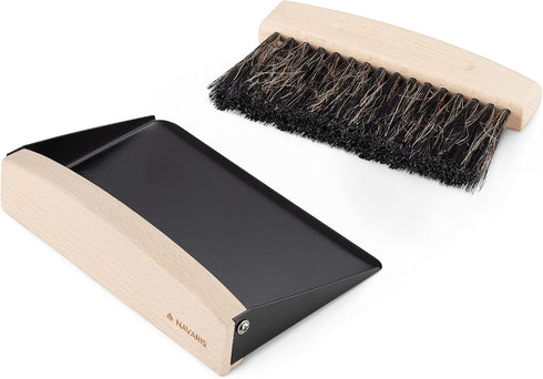 Navaris Small Dustpan and Brush Set - Wooden Mini Dust Pan Brush for Sweeping Table Tabletop - Compact Horsehair Brush for Sweeping Countertop - B...