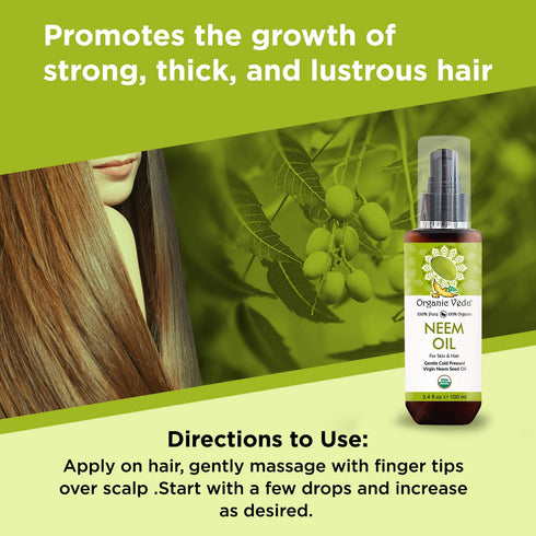 Organic Veda Neem Oil - Pure, Cold Pressed & Organic Neem Oil for Skin, Hair, Face, Body, Scalp - Natural Moisturizer, Virgin Neem seed oil - Rich...