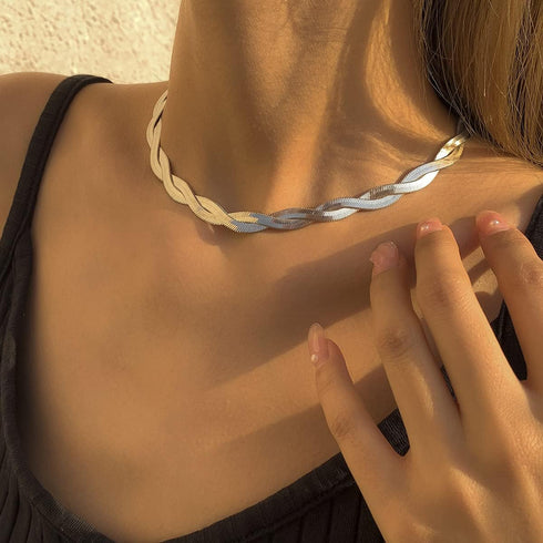 Double Layer Cross Twisted Snake Chain Choker Necklace for Women Sexy flat Herringbone Clavicle Link Necklaces Jewelry...