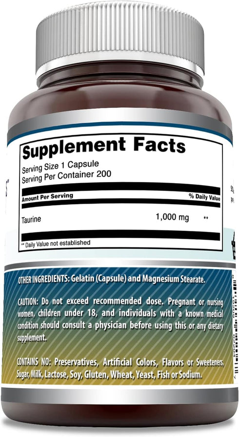 Amazing Formulas Taurine 1000 Mg per Serving 200 Capsules Amino Acid Supplement | Non-GMO | Gluten Free | Made in USA...