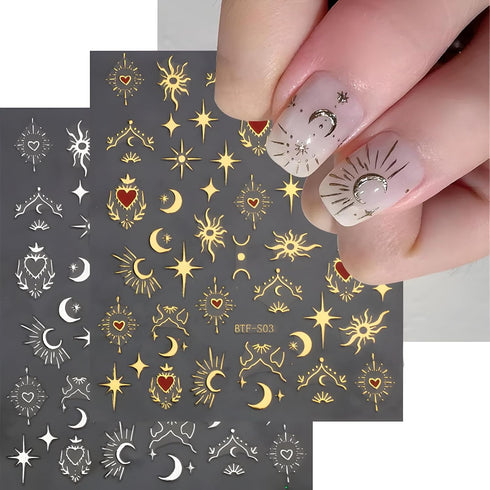 12 Sheets Star Nail Stickers for Nail Art 3D Self-Adhesive Nail Art Stickers Gold Silver Sun Moon Heart Nail Art Design Decoration Accessories for...