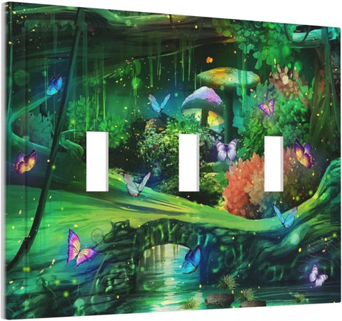 Decorative Switch Plate Covers Forest Spring Enchanted Fairy Wonderland Green Ground 3 Gang Light Switch Cover Triple Toggle Wall Plate Electrical...