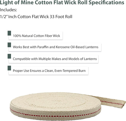Light of Mine - 1/2" Inch 33' Foot, 100% Cotton Flat Wick for Paraffin Oil, Kerosene Based Lanterns, and Oil Lamps with Genuine Red Stitch (1/2" -...