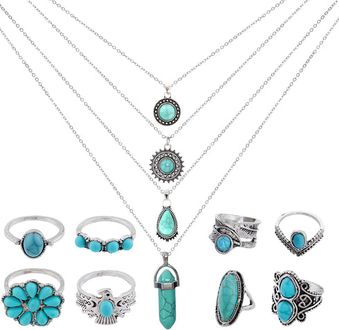 Turquoise Necklaces 12Pcs Turquoise Jewelry Set Include 4Pcs Turquoise Layered Necklaces 8Pcs Turquoise Stacking Knuckle Rings for Women (Silver)...